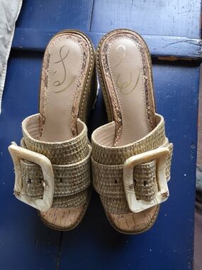 Sam Edelman Woven Tan Slide Mules with Ivory Buckle